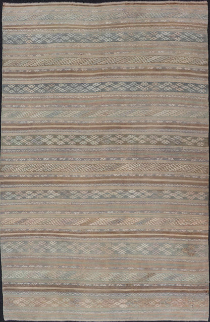 Vintage Turkish Flat - Weave Kilim with Embroideries in Muted Tones and Stripes. Keivan Woven Arts / rug EN - 15180, country of origin / type: Turkey / Kilim, circa 1950 Measures: 5'2 x 8'3 This vintage Turkish Kilim rug features a contemporary geom... - Keivan Woven ArtsEN - 15180 - 24043Rug