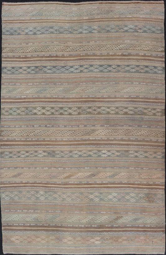Vintage Turkish Flat - Weave Kilim with Embroideries in Muted Tones and Stripes. Keivan Woven Arts / rug EN - 15180, country of origin / type: Turkey / Kilim, circa 1950 Measures: 5'2 x 8'3 This vintage Turkish Kilim rug features a contemporary geom... - Keivan Woven ArtsEN - 15180 - 24043Rug