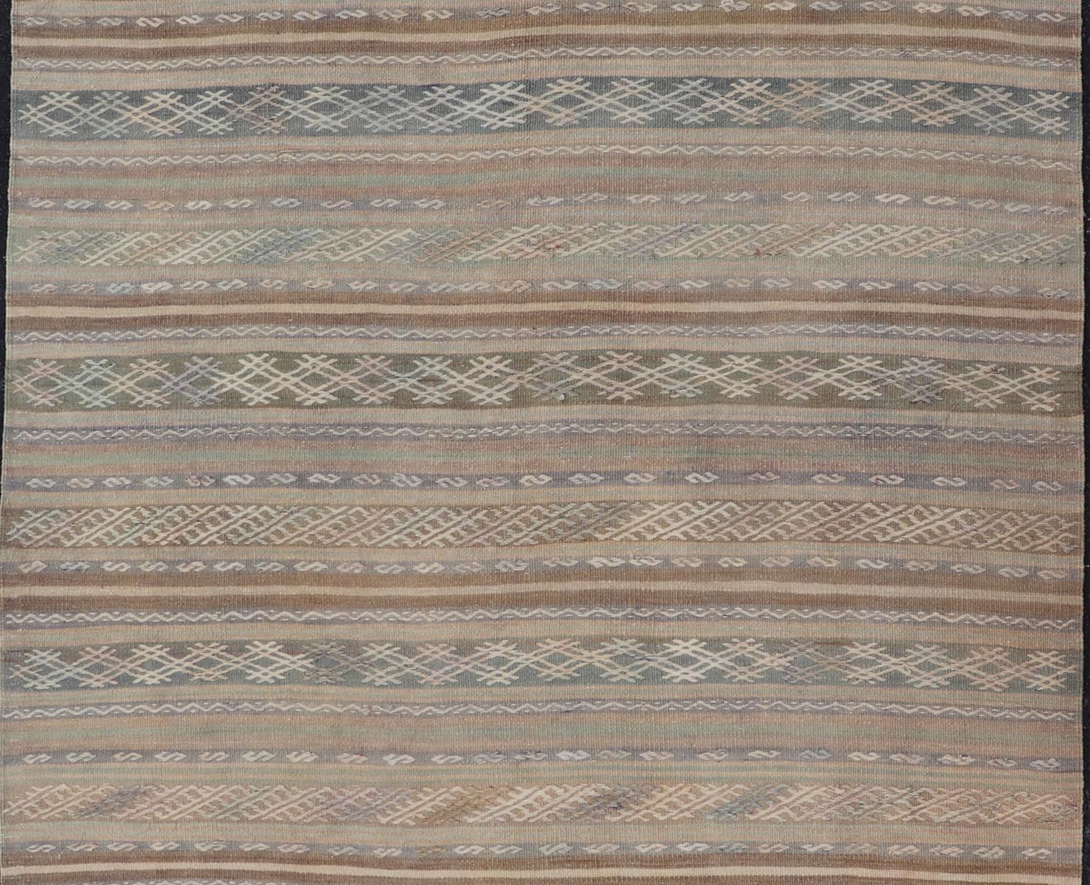 Vintage Turkish Flat - Weave Kilim with Embroideries in Muted Tones and Stripes. Keivan Woven Arts / rug EN - 15180, country of origin / type: Turkey / Kilim, circa 1950 Measures: 5'2 x 8'3 This vintage Turkish Kilim rug features a contemporary geom... - Keivan Woven ArtsEN - 15180 - 24043Rug