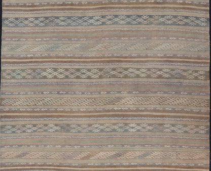 Vintage Turkish Flat - Weave Kilim with Embroideries in Muted Tones and Stripes. Keivan Woven Arts / rug EN - 15180, country of origin / type: Turkey / Kilim, circa 1950 Measures: 5'2 x 8'3 This vintage Turkish Kilim rug features a contemporary geom... - Keivan Woven ArtsEN - 15180 - 24043Rug