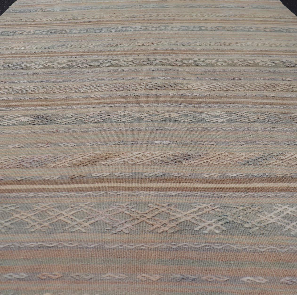 Vintage Turkish Flat - Weave Kilim with Embroideries in Muted Tones and Stripes. Keivan Woven Arts / rug EN - 15180, country of origin / type: Turkey / Kilim, circa 1950 Measures: 5'2 x 8'3 This vintage Turkish Kilim rug features a contemporary geom... - Keivan Woven ArtsEN - 15180 - 24043Rug