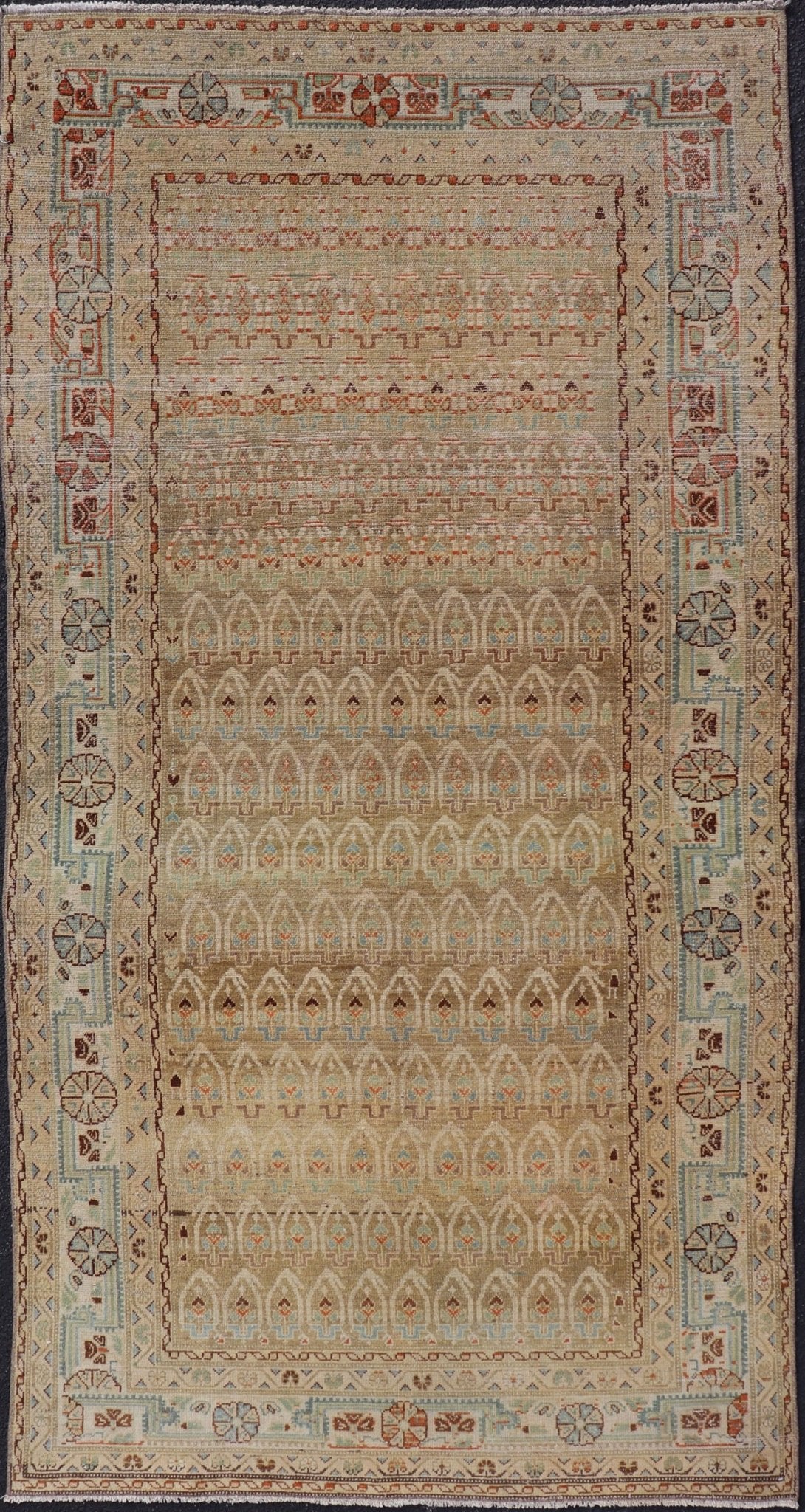 Measures: 4'6 x 9'2 Antique Hamadan Gallery Rug in Wool with All - Over Sub - Geometric Paisley Design. Keivan Woven Arts; rug EN - 15182, country of origin / type: Iran / Hamadan, circa 1920. This antique Persian Hamadan rug has been hand - knotted... - Keivan Woven ArtsEN - 15182 - 22860Rug