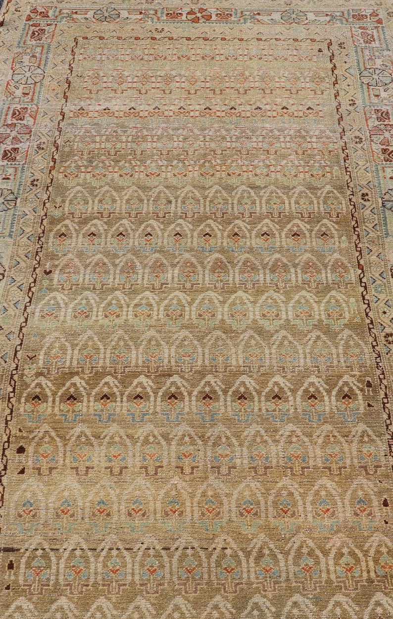Measures: 4'6 x 9'2 Antique Hamadan Gallery Rug in Wool with All - Over Sub - Geometric Paisley Design. Keivan Woven Arts; rug EN - 15182, country of origin / type: Iran / Hamadan, circa 1920. This antique Persian Hamadan rug has been hand - knotted... - Keivan Woven ArtsEN - 15182 - 22860Rug