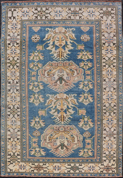 Measures: 4'8 x 7'2 Vintage Turkish Oushak Rug with Large Medallion Design On A Blue Field. Keivan Woven Arts/rug EN - 15183, country of origin / type: Turkey / Oushak, circa 1950. Vintage Turkish Rug, Blue rug Blue Turkish rug. - Keivan Woven ArtsEN - 15183 - 22986Rug