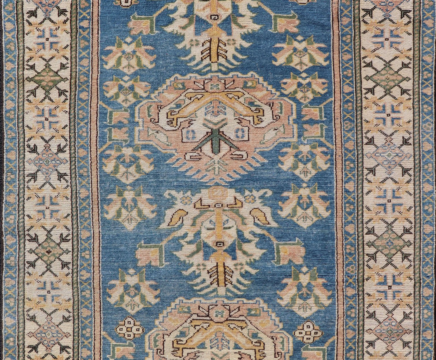 Measures: 4'8 x 7'2 Vintage Turkish Oushak Rug with Large Medallion Design On A Blue Field. Keivan Woven Arts/rug EN - 15183, country of origin / type: Turkey / Oushak, circa 1950. Vintage Turkish Rug, Blue rug Blue Turkish rug. - Keivan Woven ArtsEN - 15183 - 22986Rug