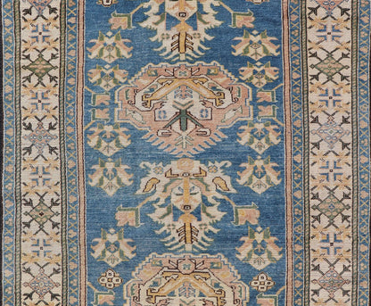 Measures: 4'8 x 7'2 Vintage Turkish Oushak Rug with Large Medallion Design On A Blue Field. Keivan Woven Arts/rug EN - 15183, country of origin / type: Turkey / Oushak, circa 1950. Vintage Turkish Rug, Blue rug Blue Turkish rug. - Keivan Woven ArtsEN - 15183 - 22986Rug