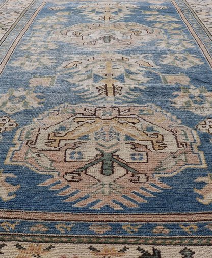 Measures: 4'8 x 7'2 Vintage Turkish Oushak Rug with Large Medallion Design On A Blue Field. Keivan Woven Arts/rug EN - 15183, country of origin / type: Turkey / Oushak, circa 1950. Vintage Turkish Rug, Blue rug Blue Turkish rug. - Keivan Woven ArtsEN - 15183 - 22986Rug