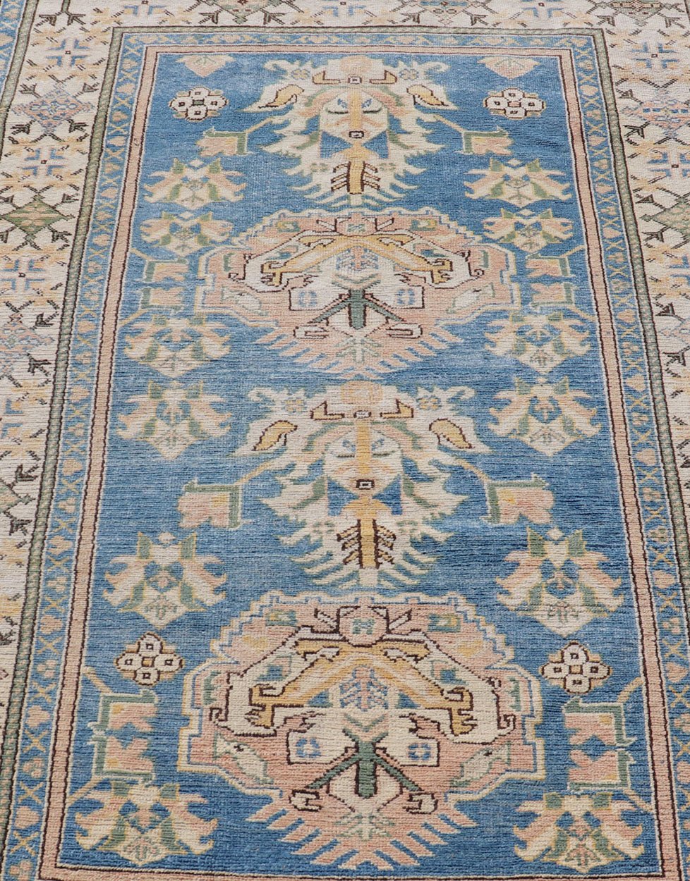 Measures: 4'8 x 7'2 Vintage Turkish Oushak Rug with Large Medallion Design On A Blue Field. Keivan Woven Arts/rug EN - 15183, country of origin / type: Turkey / Oushak, circa 1950. Vintage Turkish Rug, Blue rug Blue Turkish rug. - Keivan Woven ArtsEN - 15183 - 22986Rug