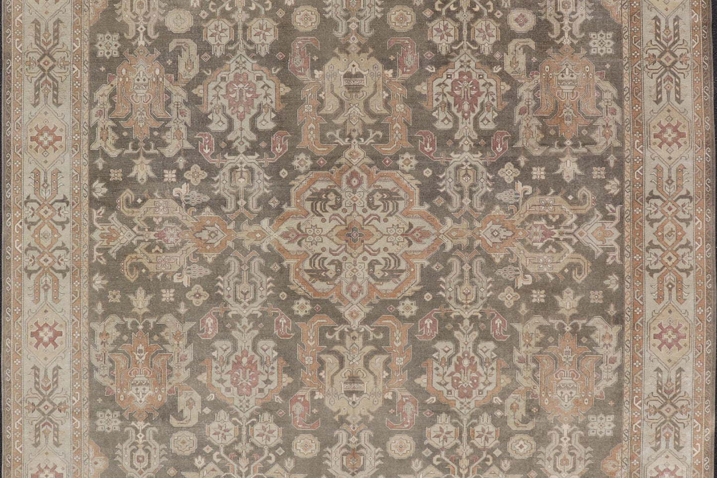 Turkish Sivas Rug with Tribal Motifs in Brownish green, L. green & multi tones. Country of Origin: Turkey; Type: Sivas; Design: Floral, All - Over, Tribal; Keivan Woven Arts: rug EN - 15184; Wool Sivas Vintage Turkish Area Rug Measures: 10'5 x 12'11... - Keivan Woven ArtsEN - 15184 - 23498Rug