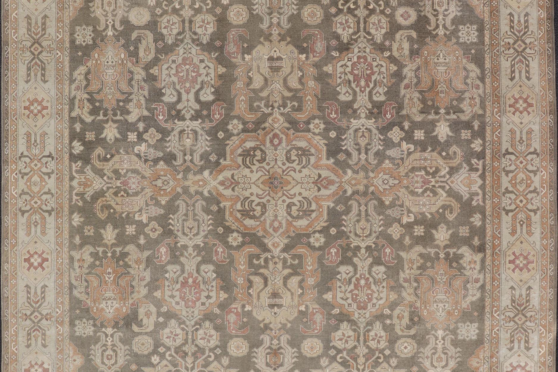 Turkish Sivas Rug with Tribal Motifs in Brownish green, L. green & multi tones. Country of Origin: Turkey; Type: Sivas; Design: Floral, All - Over, Tribal; Keivan Woven Arts: rug EN - 15184; Wool Sivas Vintage Turkish Area Rug Measures: 10'5 x 12'11... - Keivan Woven ArtsEN - 15184 - 23498Rug