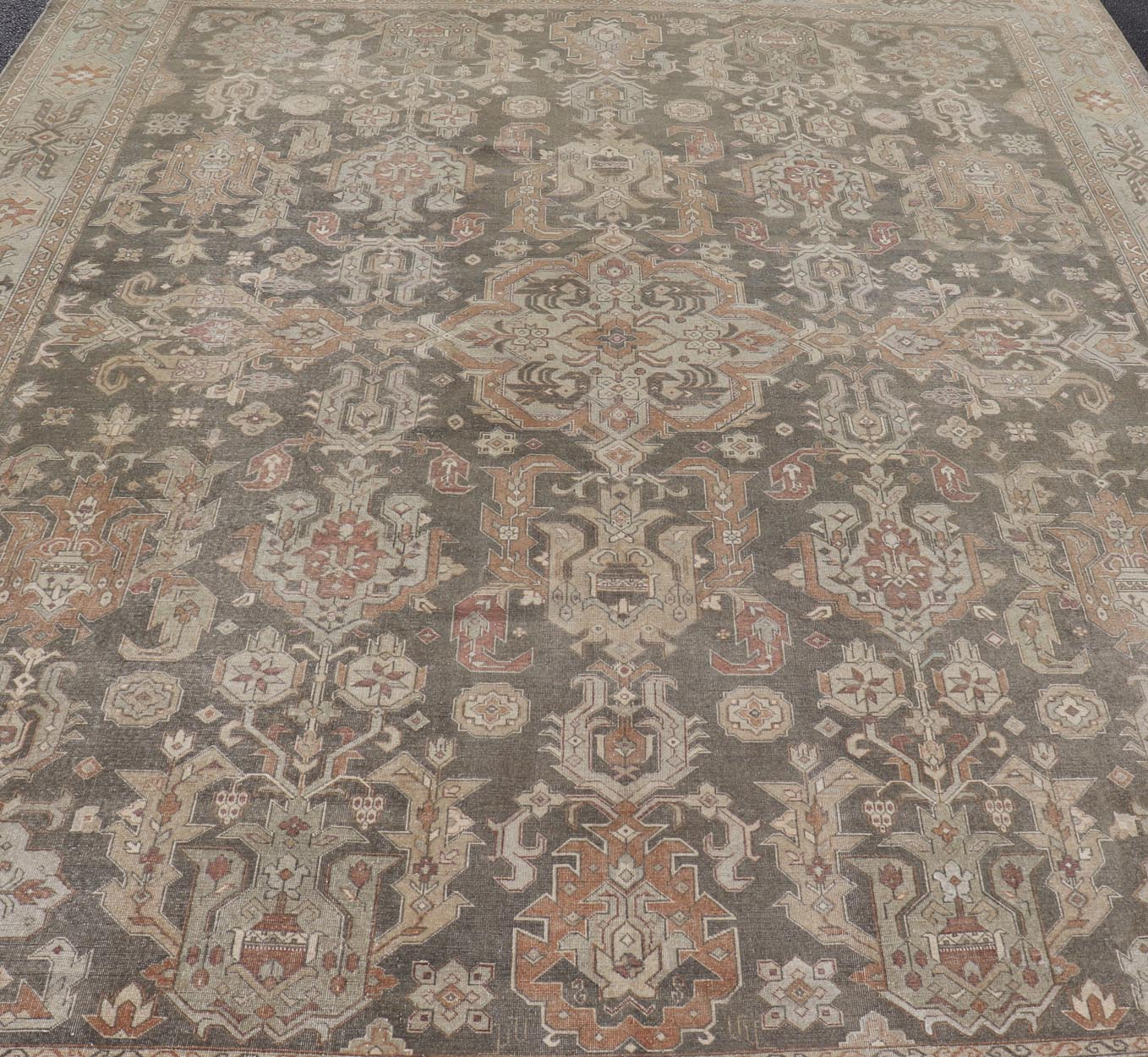 Turkish Sivas Rug with Tribal Motifs in Brownish green, L. green & multi tones. Country of Origin: Turkey; Type: Sivas; Design: Floral, All - Over, Tribal; Keivan Woven Arts: rug EN - 15184; Wool Sivas Vintage Turkish Area Rug Measures: 10'5 x 12'11... - Keivan Woven ArtsEN - 15184 - 23498Rug