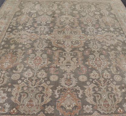 Turkish Sivas Rug with Tribal Motifs in Brownish green, L. green & multi tones. Country of Origin: Turkey; Type: Sivas; Design: Floral, All - Over, Tribal; Keivan Woven Arts: rug EN - 15184; Wool Sivas Vintage Turkish Area Rug Measures: 10'5 x 12'11... - Keivan Woven ArtsEN - 15184 - 23498Rug