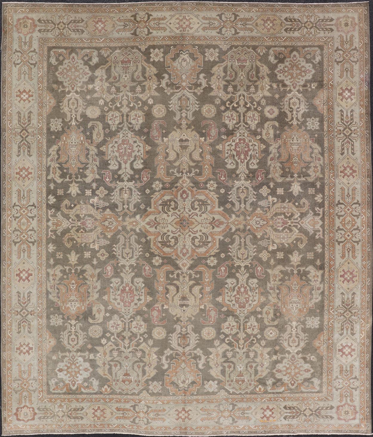 Turkish Sivas Rug with Tribal Motifs in Brownish green, L. green & multi tones. Country of Origin: Turkey; Type: Sivas; Design: Floral, All - Over, Tribal; Keivan Woven Arts: rug EN - 15184; Wool Sivas Vintage Turkish Area Rug Measures: 10'5 x 12'11... - Keivan Woven ArtsEN - 15184 - 23498Rug