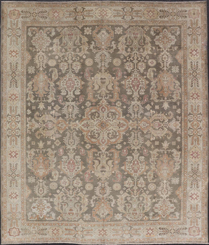 Turkish Sivas Rug with Tribal Motifs in Brownish green, L. green & multi tones. Country of Origin: Turkey; Type: Sivas; Design: Floral, All - Over, Tribal; Keivan Woven Arts: rug EN - 15184; Wool Sivas Vintage Turkish Area Rug Measures: 10'5 x 12'11... - Keivan Woven ArtsEN - 15184 - 23498Rug