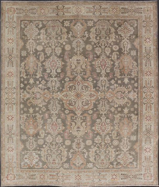 Turkish Sivas Rug with Tribal Motifs in Brownish green, L. green & multi tones. Country of Origin: Turkey; Type: Sivas; Design: Floral, All - Over, Tribal; Keivan Woven Arts: rug EN - 15184; Wool Sivas Vintage Turkish Area Rug Measures: 10'5 x 12'11... - Keivan Woven ArtsEN - 15184 - 23498Rug