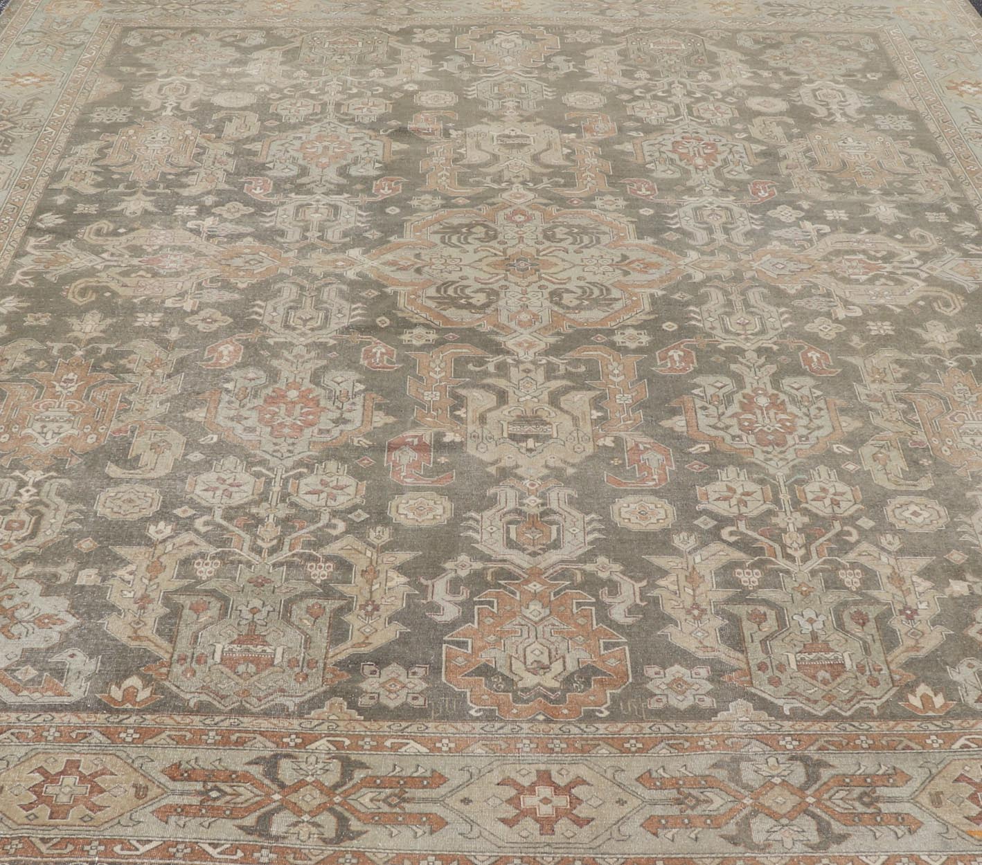 Turkish Sivas Rug with Tribal Motifs in Brownish green, L. green & multi tones. Country of Origin: Turkey; Type: Sivas; Design: Floral, All - Over, Tribal; Keivan Woven Arts: rug EN - 15184; Wool Sivas Vintage Turkish Area Rug Measures: 10'5 x 12'11... - Keivan Woven ArtsEN - 15184 - 23498Rug