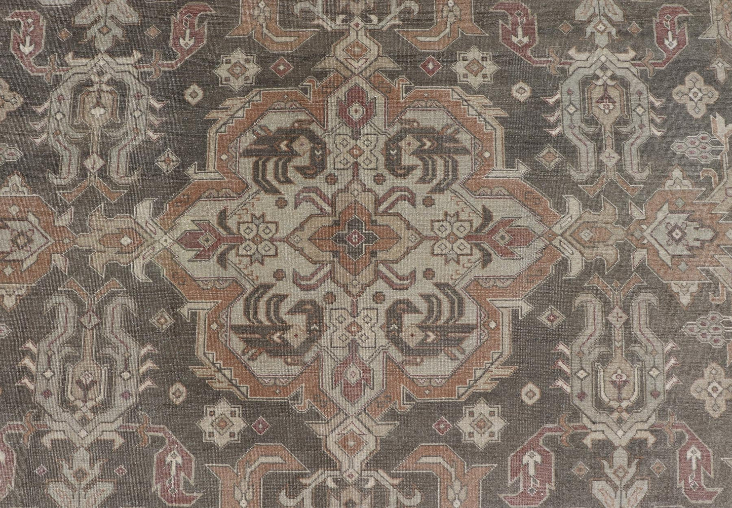 Turkish Sivas Rug with Tribal Motifs in Brownish green, L. green & multi tones. Country of Origin: Turkey; Type: Sivas; Design: Floral, All - Over, Tribal; Keivan Woven Arts: rug EN - 15184; Wool Sivas Vintage Turkish Area Rug Measures: 10'5 x 12'11... - Keivan Woven ArtsEN - 15184 - 23498Rug