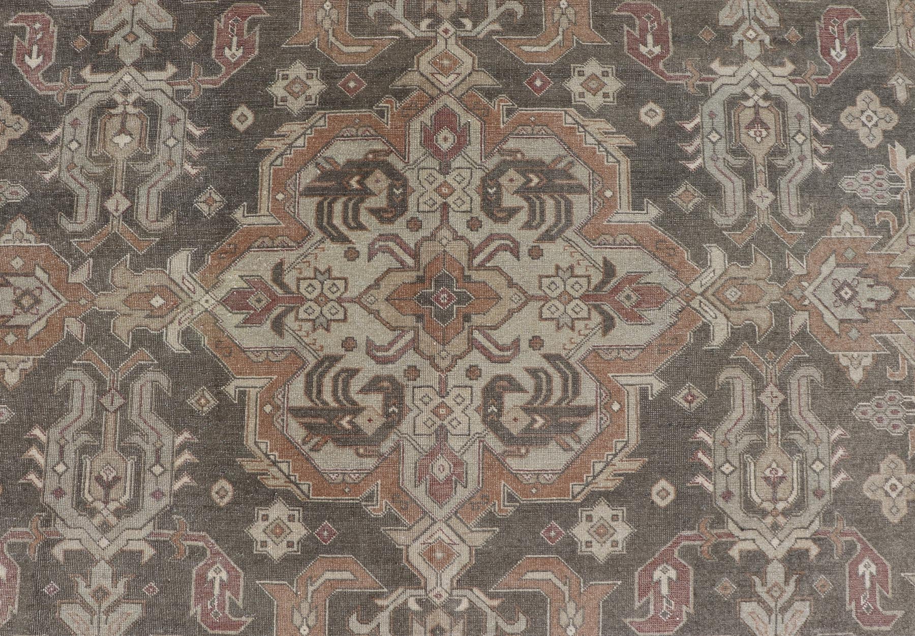 Turkish Sivas Rug with Tribal Motifs in Brownish green, L. green & multi tones. Country of Origin: Turkey; Type: Sivas; Design: Floral, All - Over, Tribal; Keivan Woven Arts: rug EN - 15184; Wool Sivas Vintage Turkish Area Rug Measures: 10'5 x 12'11... - Keivan Woven ArtsEN - 15184 - 23498Rug