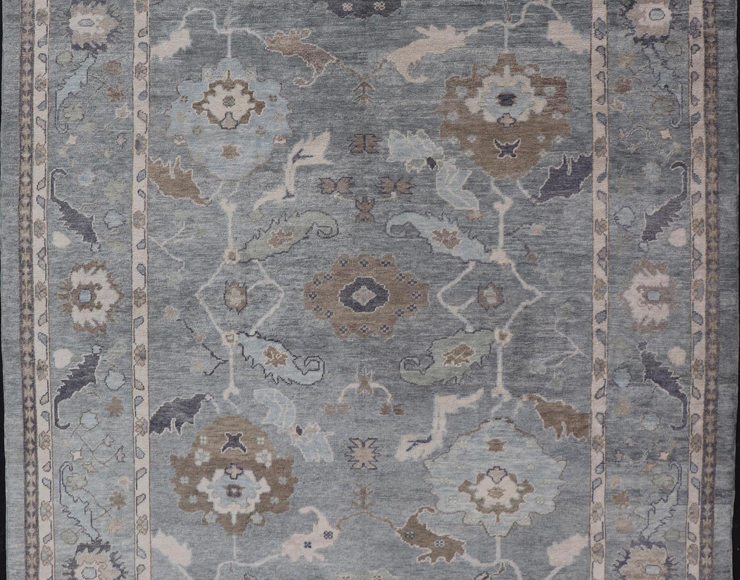 Measures: 10'7 x 14'7 Tribal Floral Design Hand Knotted Turkish Oushak Rug with Blues and Brown. rug EN - 15202, country of origin / type: Turkey / Oushak / Keivan Woven Arts This unique design Oushak rug from Turkey features a bold design wi... - Keivan Woven ArtsEN - 15202 - 22422Rug