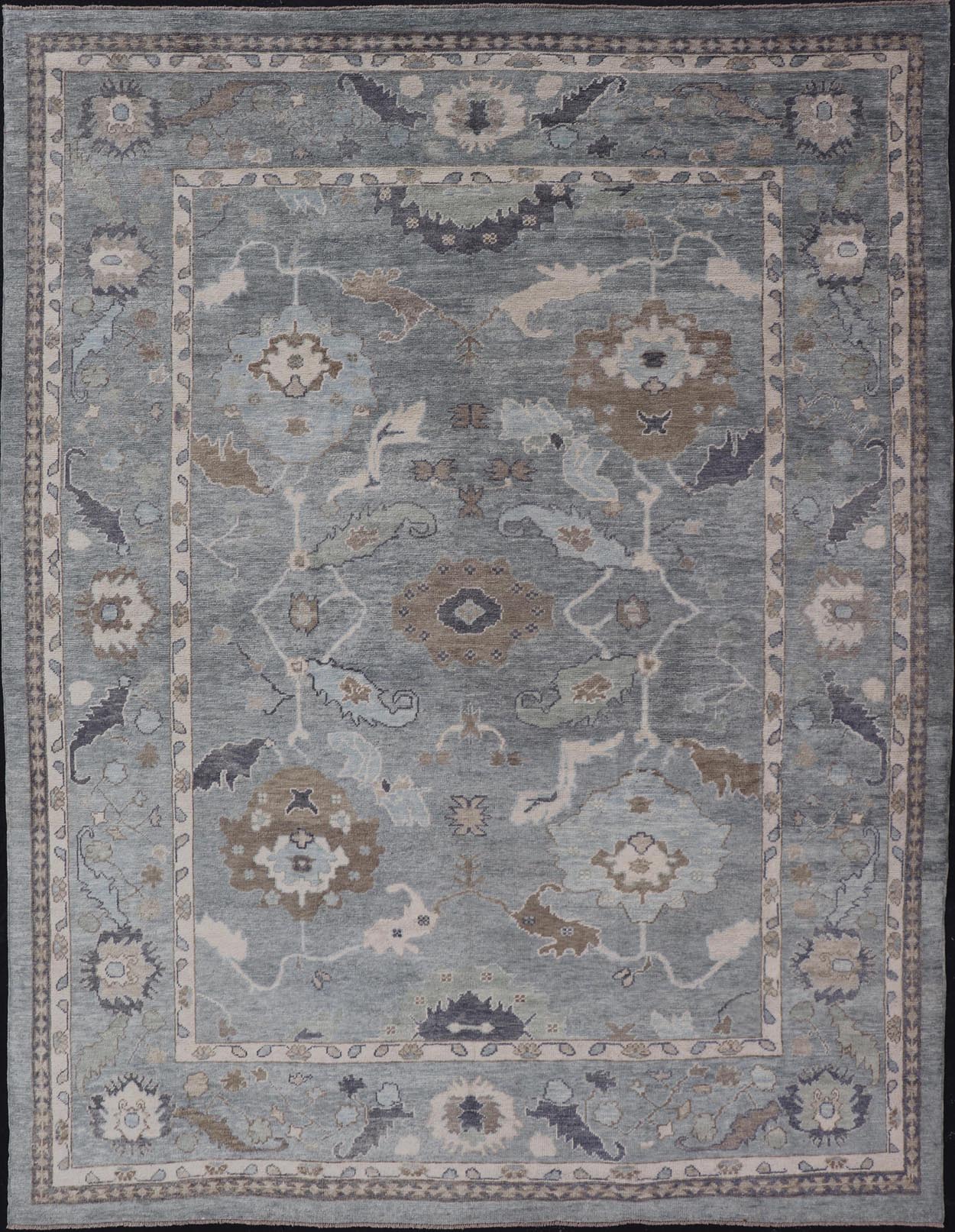 Measures: 10'7 x 14'7 Tribal Floral Design Hand Knotted Turkish Oushak Rug with Blues and Brown. rug EN - 15202, country of origin / type: Turkey / Oushak / Keivan Woven Arts This unique design Oushak rug from Turkey features a bold design wi... - Keivan Woven ArtsEN - 15202 - 22422Rug