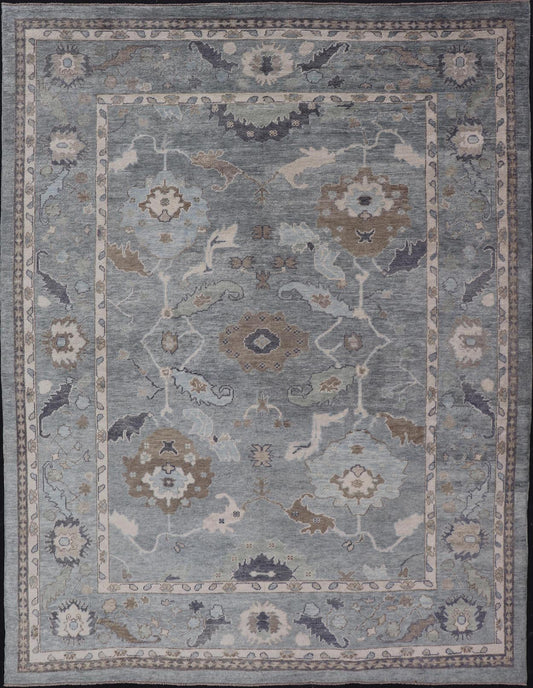 Measures: 10'7 x 14'7 Tribal Floral Design Hand Knotted Turkish Oushak Rug with Blues and Brown. rug EN - 15202, country of origin / type: Turkey / Oushak / Keivan Woven Arts This unique design Oushak rug from Turkey features a bold design wi... - Keivan Woven ArtsEN - 15202 - 22422Rug