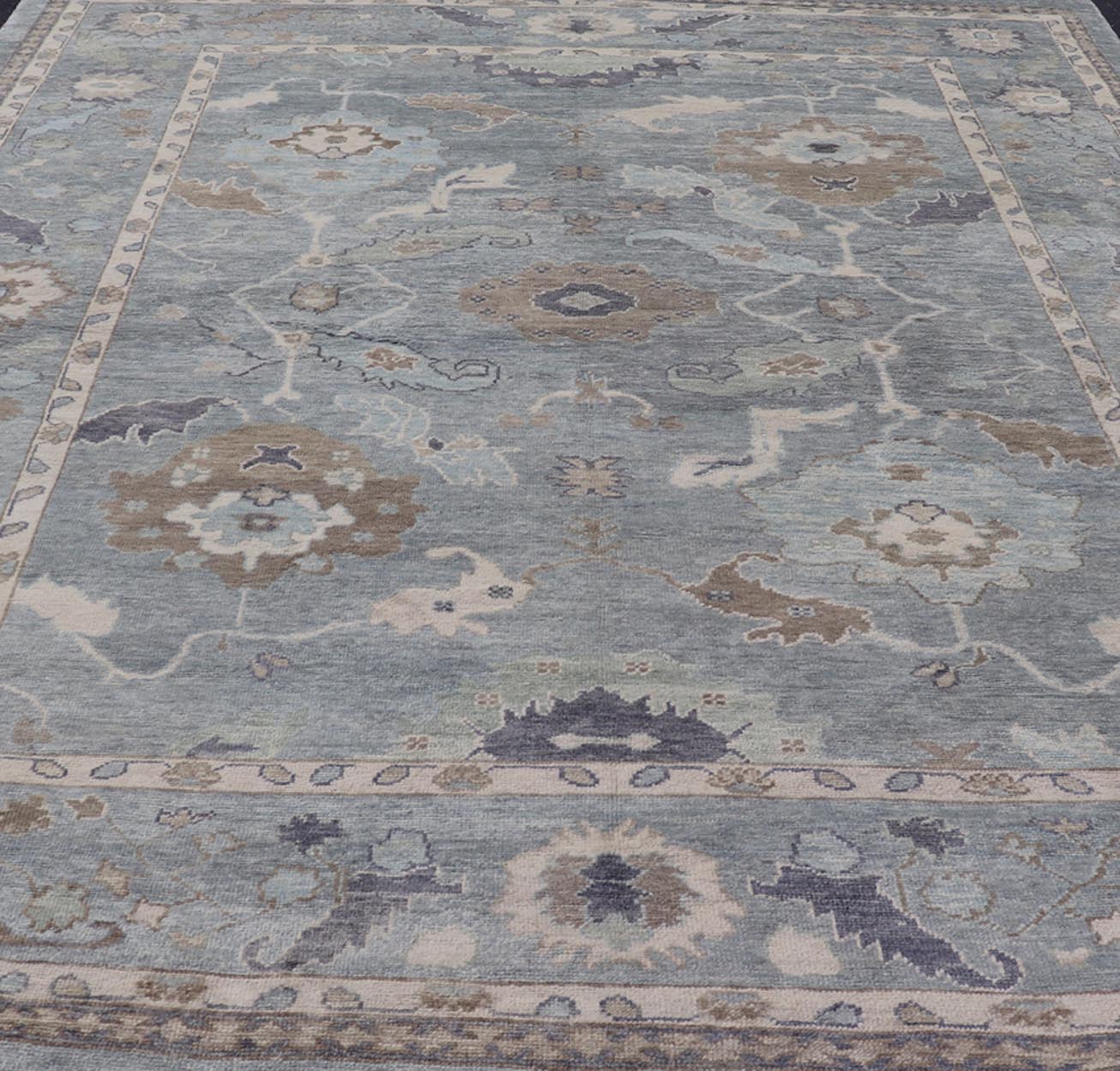 Measures: 10'7 x 14'7 Tribal Floral Design Hand Knotted Turkish Oushak Rug with Blues and Brown. rug EN - 15202, country of origin / type: Turkey / Oushak / Keivan Woven Arts This unique design Oushak rug from Turkey features a bold design wi... - Keivan Woven ArtsEN - 15202 - 22422Rug