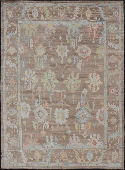 Measures: 13'4 x 17'6 Turkish Oushak Rug with All - Over Floral Design On A Light Brown Field. Keivan Woven Arts / rug EN - 15204, country of origin / type: Turkey / Oushak. This hand Knotted, hand spun wool Oushak rug from Turkey features a neu... - Keivan Woven ArtsEN - 15204 - 22866Rug