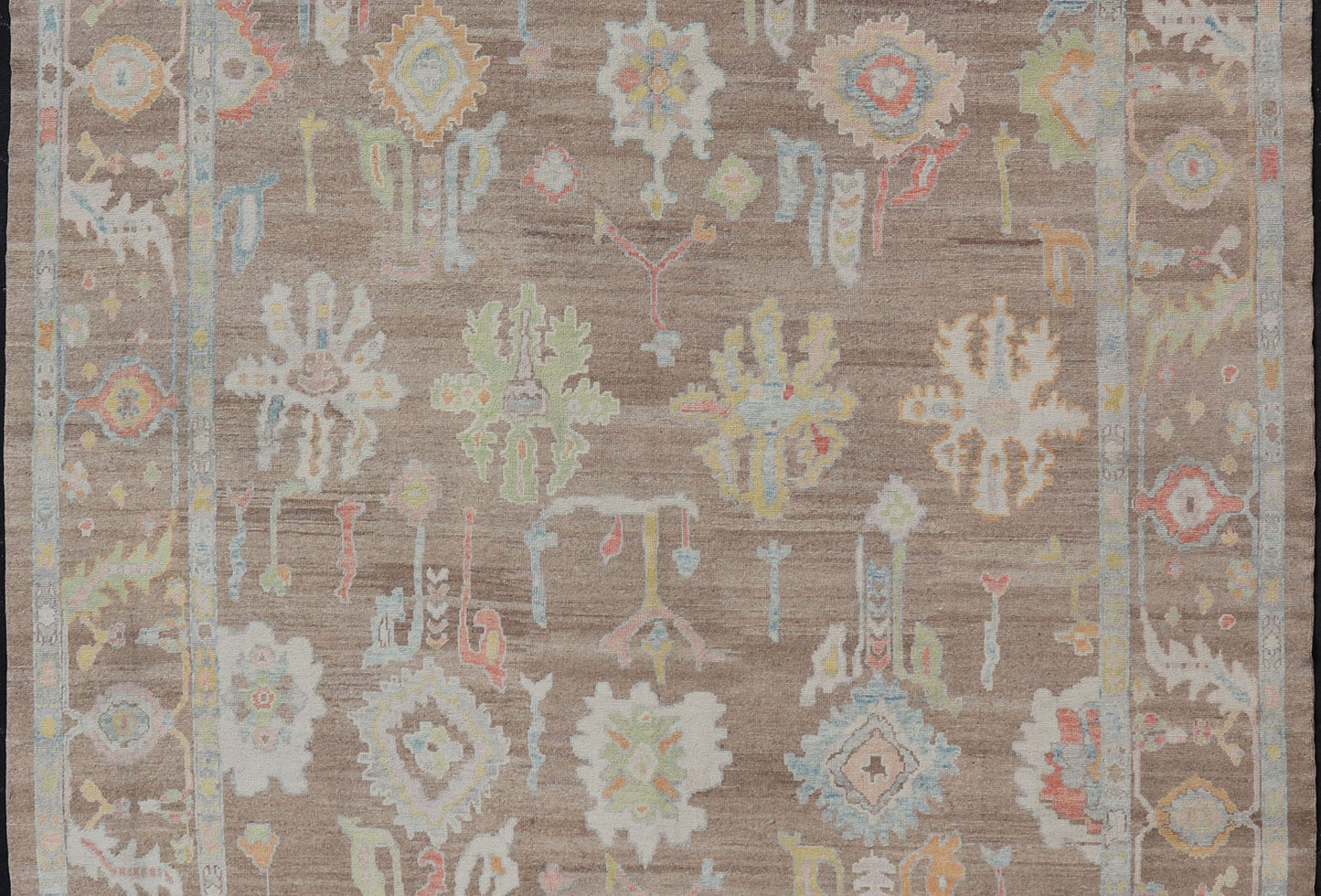 Measures: 13'4 x 17'6 Turkish Oushak Rug with All - Over Floral Design On A Light Brown Field. Keivan Woven Arts / rug EN - 15204, country of origin / type: Turkey / Oushak. This hand Knotted, hand spun wool Oushak rug from Turkey features a neu... - Keivan Woven ArtsEN - 15204 - 22866