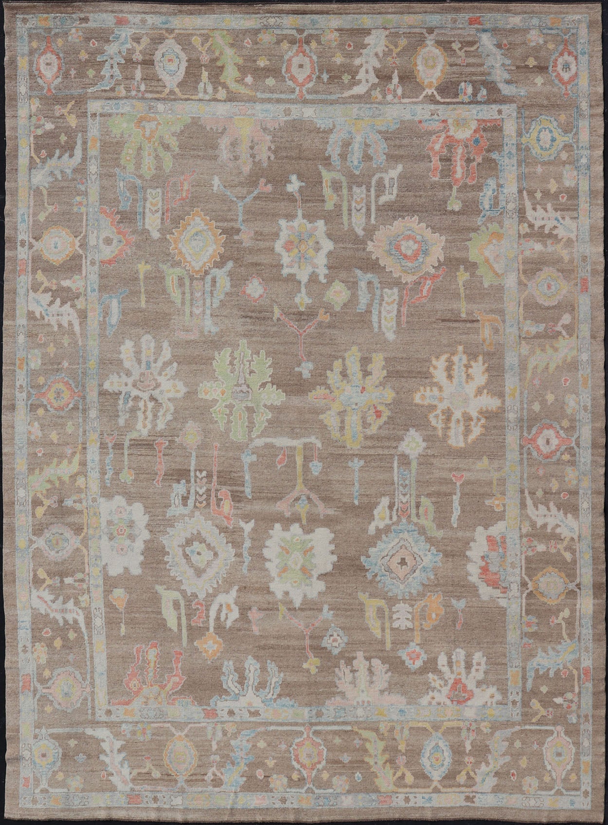 Measures: 13'4 x 17'6 Turkish Oushak Rug with All - Over Floral Design On A Light Brown Field. Keivan Woven Arts / rug EN - 15204, country of origin / type: Turkey / Oushak. This hand Knotted, hand spun wool Oushak rug from Turkey features a neu... - Keivan Woven ArtsEN - 15204 - 22866