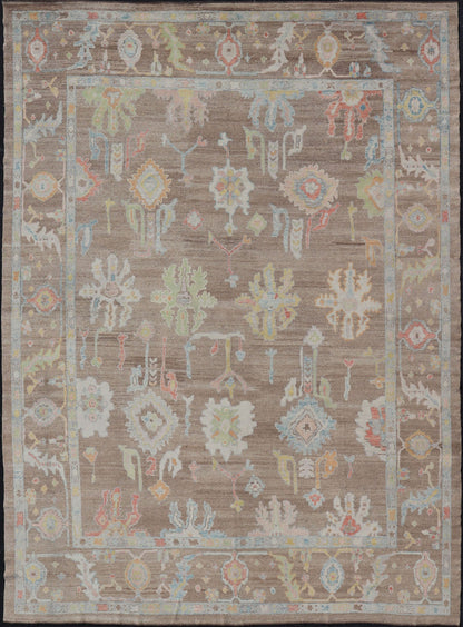 Measures: 13'4 x 17'6 Turkish Oushak Rug with All - Over Floral Design On A Light Brown Field. Keivan Woven Arts / rug EN - 15204, country of origin / type: Turkey / Oushak. This hand Knotted, hand spun wool Oushak rug from Turkey features a neu... - Keivan Woven ArtsEN - 15204 - 22866