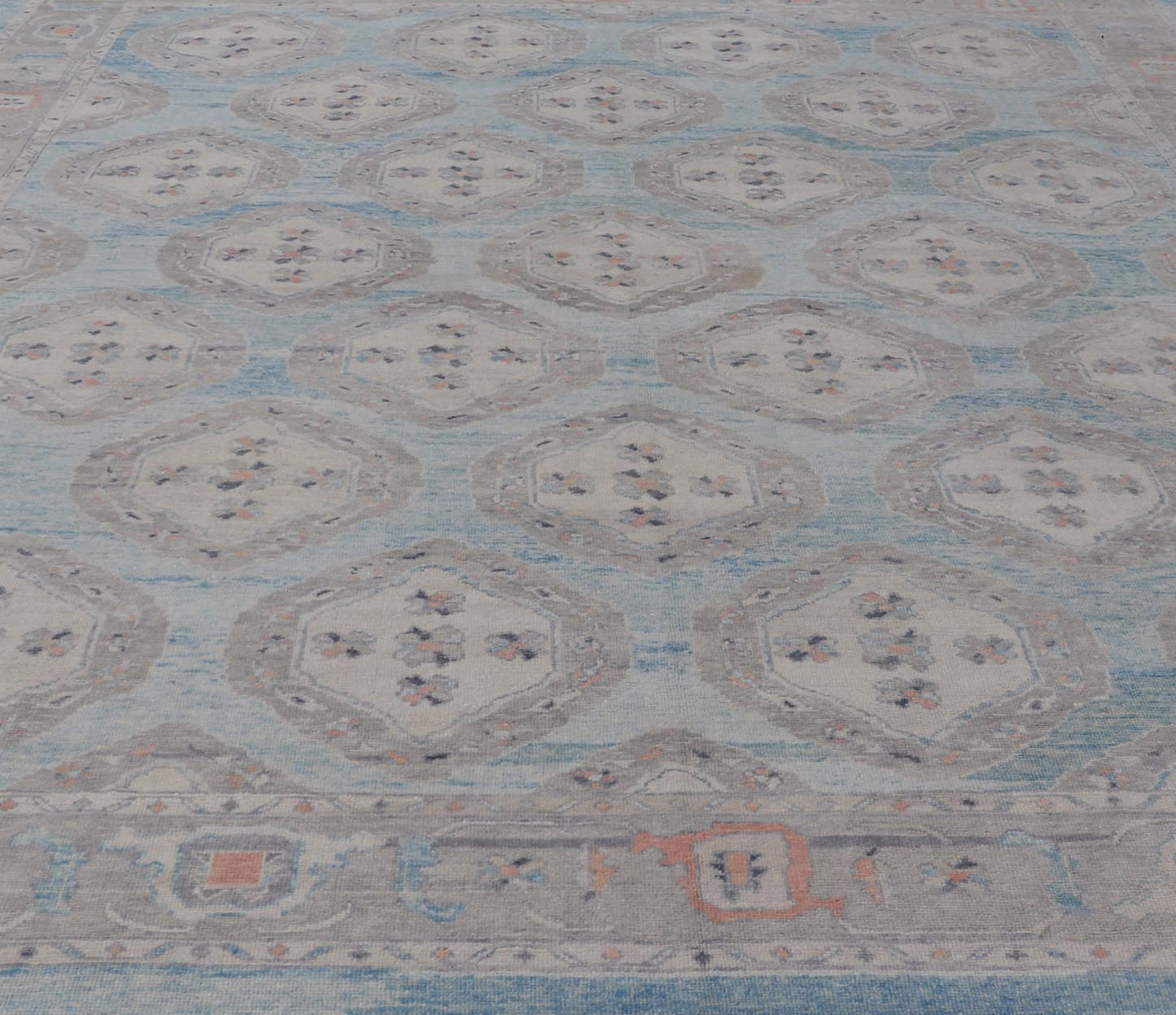Measures: 13'9 x 17'6 All - Over Tribal Motifs Design Light Blue with Hints of Orange Turkish Oushak Rug. Keivan Woven Arts, rug EN - 15206, country of origin or type: Turkish Oushak This striking Turkish Oushak rug bears a light blue body that ... - Keivan Woven ArtsEN - 15206 - 22428Rug