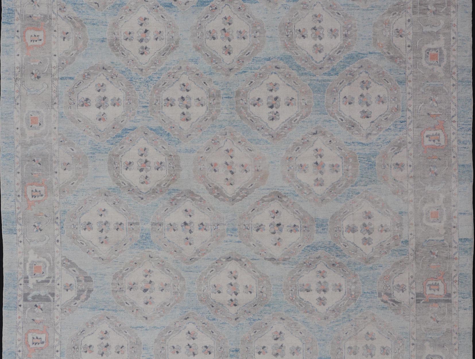 Measures: 13'9 x 17'6 All - Over Tribal Motifs Design Light Blue with Hints of Orange Turkish Oushak Rug. Keivan Woven Arts, rug EN - 15206, country of origin or type: Turkish Oushak This striking Turkish Oushak rug bears a light blue body that ... - Keivan Woven ArtsEN - 15206 - 22428Rug
