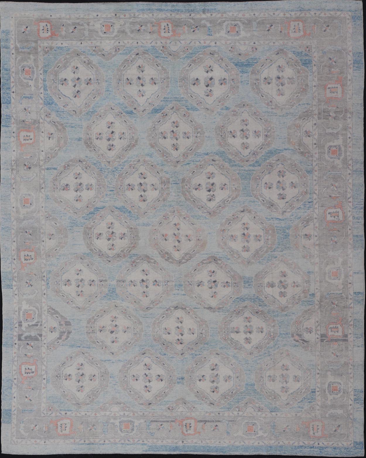 Measures: 13'9 x 17'6 All - Over Tribal Motifs Design Light Blue with Hints of Orange Turkish Oushak Rug. Keivan Woven Arts, rug EN - 15206, country of origin or type: Turkish Oushak This striking Turkish Oushak rug bears a light blue body that ... - Keivan Woven ArtsEN - 15206 - 22428Rug