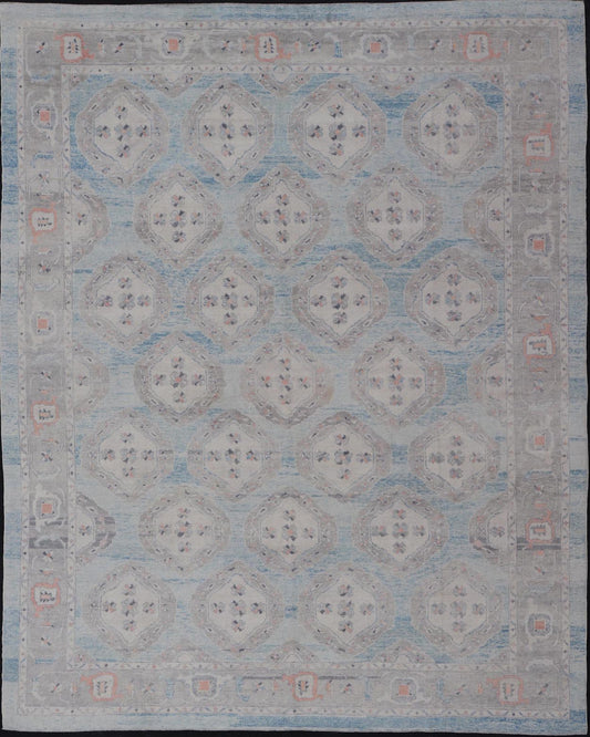 Measures: 13'9 x 17'6 All - Over Tribal Motifs Design Light Blue with Hints of Orange Turkish Oushak Rug. Keivan Woven Arts, rug EN - 15206, country of origin or type: Turkish Oushak This striking Turkish Oushak rug bears a light blue body that ... - Keivan Woven ArtsEN - 15206 - 22428Rug