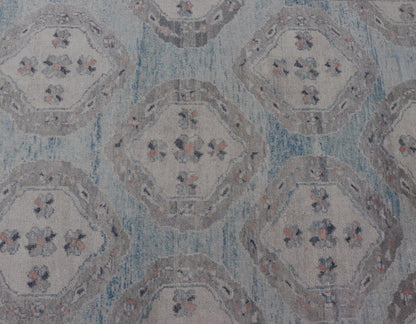 Measures: 13'9 x 17'6 All - Over Tribal Motifs Design Light Blue with Hints of Orange Turkish Oushak Rug. Keivan Woven Arts, rug EN - 15206, country of origin or type: Turkish Oushak This striking Turkish Oushak rug bears a light blue body that ... - Keivan Woven ArtsEN - 15206 - 22428Rug