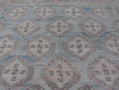 Measures: 13'9 x 17'6 All - Over Tribal Motifs Design Light Blue with Hints of Orange Turkish Oushak Rug. Keivan Woven Arts, rug EN - 15206, country of origin or type: Turkish Oushak This striking Turkish Oushak rug bears a light blue body that ... - Keivan Woven ArtsEN - 15206 - 22428Rug