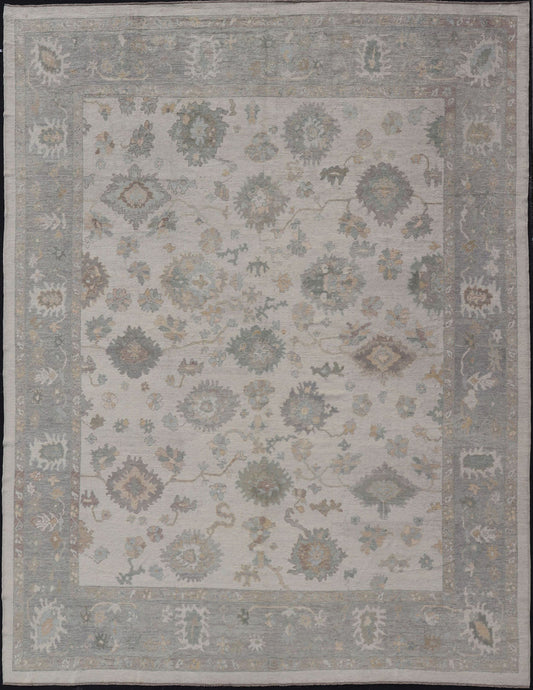 Measures: 14'6 x 18'9 Modern Turkish Oushak Rug with Neutral Color Palette and All - Over Floral Design. Keivan Woven Arts, rug EN - 15207, country of origin / type: Turkey / Oushak This large classic Oushak rug from Turkey features a subdued, n... - Keivan Woven ArtsEN - 15207 - 22872Rug