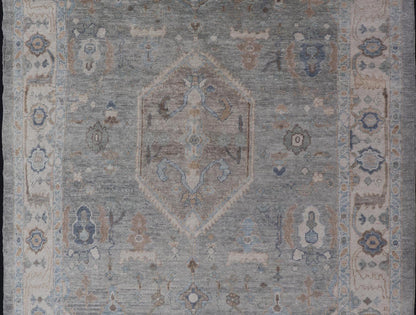 Measures: 7'3 x 10'4 Turkish Modern Oushak Rug in Medallion Design in Gray - Blue, and Marigold. Keivan Woven Arts / rug EN - 15208, country of origin / type: Turkey / Oushak This traditional Oushak rug from Turkey features a subdued, neutral co... - Keivan Woven ArtsEN - 15208 - 22416