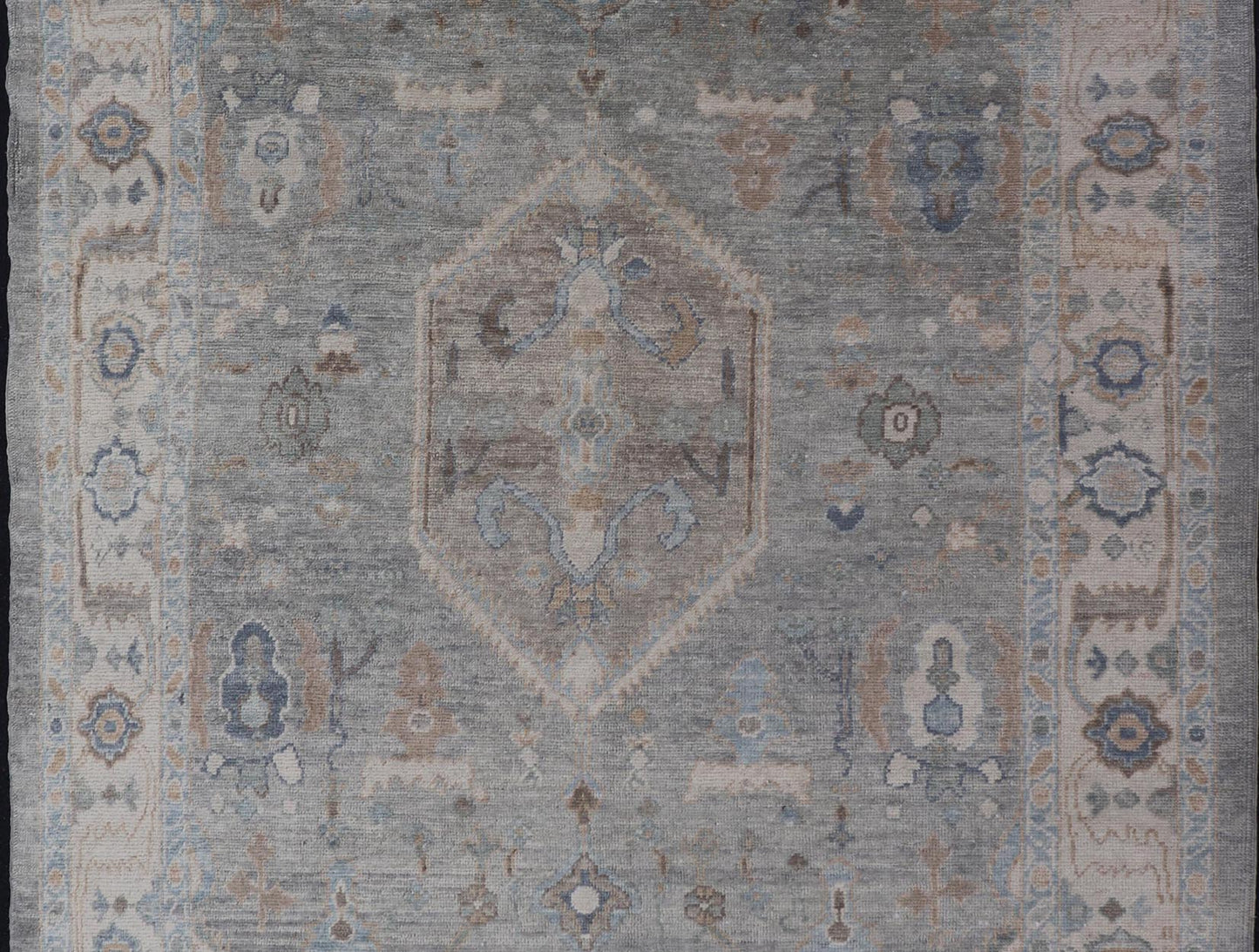 Measures: 7'3 x 10'4 Turkish Modern Oushak Rug in Medallion Design in Gray - Blue, and Marigold. Keivan Woven Arts / rug EN - 15208, country of origin / type: Turkey / Oushak This traditional Oushak rug from Turkey features a subdued, neutral co... - Keivan Woven ArtsEN - 15208 - 22416Rug