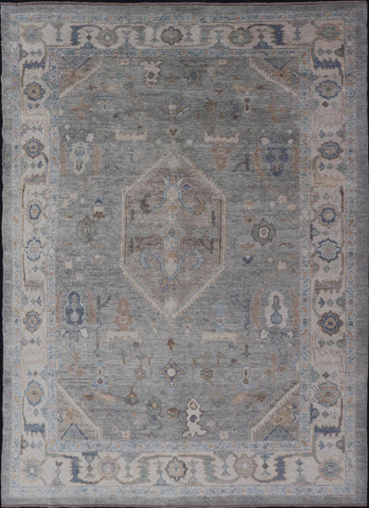 Measures: 7'3 x 10'4 Turkish Modern Oushak Rug in Medallion Design in Gray - Blue, and Marigold. Keivan Woven Arts / rug EN - 15208, country of origin / type: Turkey / Oushak This traditional Oushak rug from Turkey features a subdued, neutral co... - Keivan Woven ArtsEN - 15208 - 22416