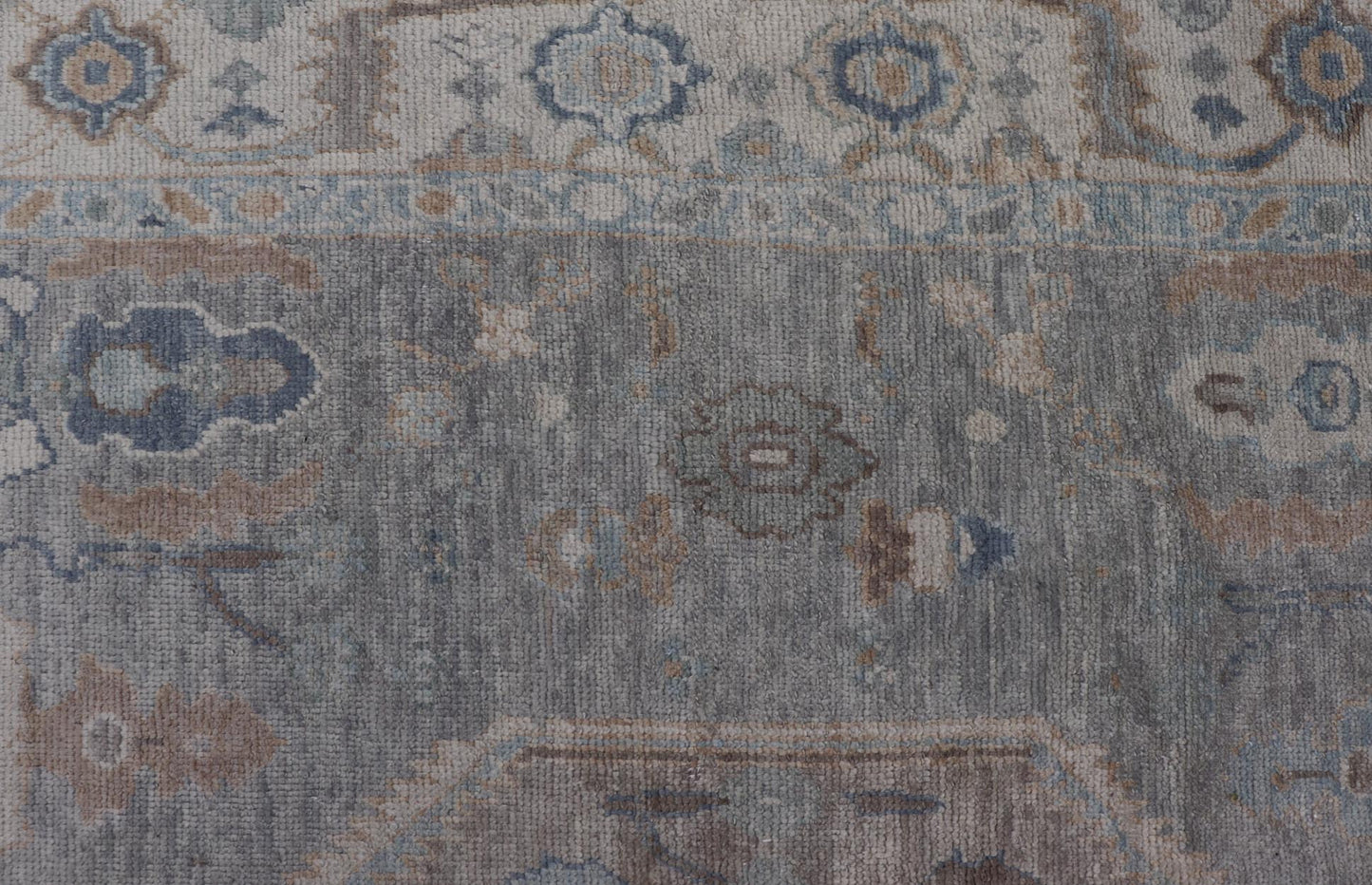 Measures: 7'3 x 10'4 Turkish Modern Oushak Rug in Medallion Design in Gray - Blue, and Marigold. Keivan Woven Arts / rug EN - 15208, country of origin / type: Turkey / Oushak This traditional Oushak rug from Turkey features a subdued, neutral co... - Keivan Woven ArtsEN - 15208 - 22416