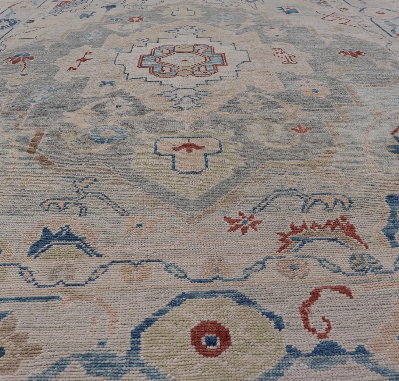 Measures: 8'5 x 11'9 Modern Oushak Turkish Rug with All Over Design in Light Blue, Ivory, & Red. Keivan Woven Arts / rug EN - 15209, country of origin / type: Turkey / Oushak. This Oushak in geometric design rug was woven in Turkey. Set on bea... - Keivan Woven ArtsEN - 15209 - 22434Rug