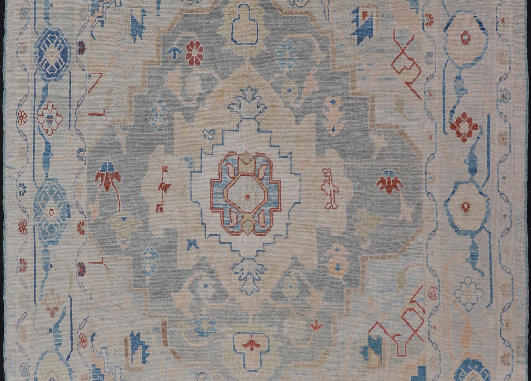 Measures: 8'5 x 11'9 Modern Oushak Turkish Rug with All Over Design in Light Blue, Ivory, & Red. Keivan Woven Arts / rug EN - 15209, country of origin / type: Turkey / Oushak. This Oushak in geometric design rug was woven in Turkey. Set on bea... - Keivan Woven ArtsEN - 15209 - 22434