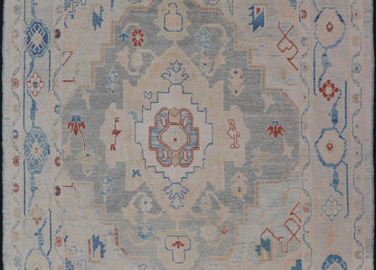 Measures: 8'5 x 11'9 Modern Oushak Turkish Rug with All Over Design in Light Blue, Ivory, & Red. Keivan Woven Arts / rug EN - 15209, country of origin / type: Turkey / Oushak. This Oushak in geometric design rug was woven in Turkey. Set on bea... - Keivan Woven ArtsEN - 15209 - 22434