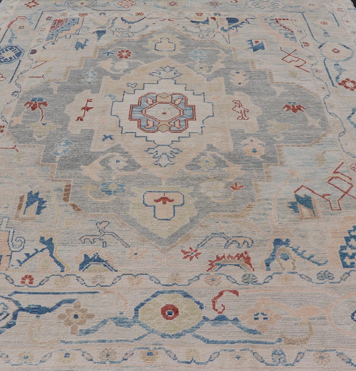 Measures: 8'5 x 11'9 Modern Oushak Turkish Rug with All Over Design in Light Blue, Ivory, & Red. Keivan Woven Arts / rug EN - 15209, country of origin / type: Turkey / Oushak. This Oushak in geometric design rug was woven in Turkey. Set on bea... - Keivan Woven ArtsEN - 15209 - 22434