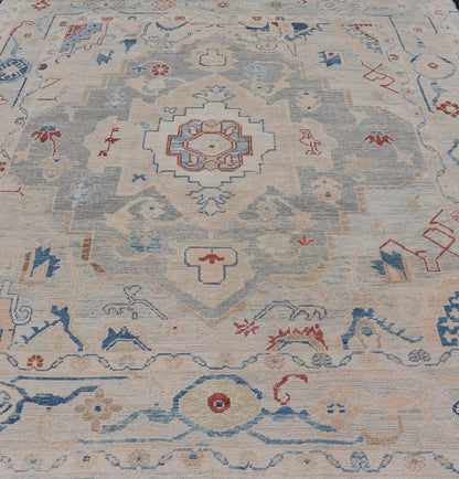 Measures: 8'5 x 11'9 Modern Oushak Turkish Rug with All Over Design in Light Blue, Ivory, & Red. Keivan Woven Arts / rug EN - 15209, country of origin / type: Turkey / Oushak. This Oushak in geometric design rug was woven in Turkey. Set on bea... - Keivan Woven ArtsEN - 15209 - 22434