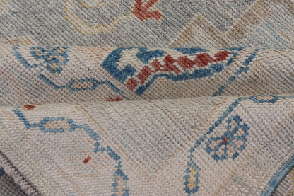 Measures: 8'5 x 11'9 Modern Oushak Turkish Rug with All Over Design in Light Blue, Ivory, & Red. Keivan Woven Arts / rug EN - 15209, country of origin / type: Turkey / Oushak. This Oushak in geometric design rug was woven in Turkey. Set on bea... - Keivan Woven ArtsEN - 15209 - 22434