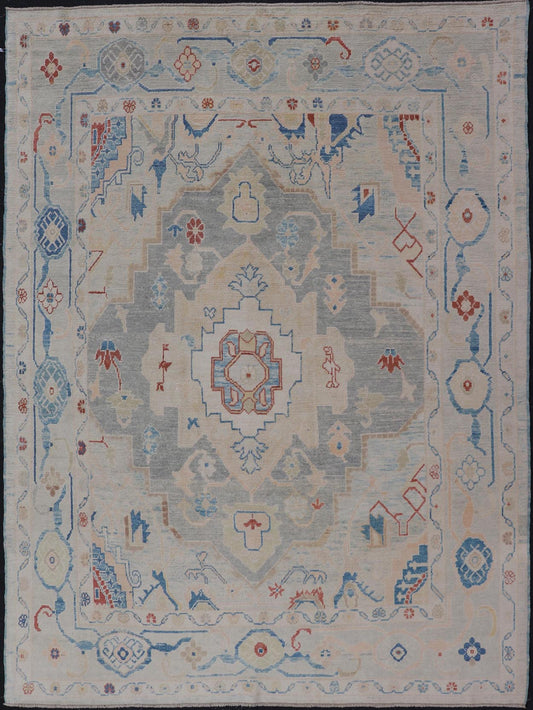Measures: 8'5 x 11'9 Modern Oushak Turkish Rug with All Over Design in Light Blue, Ivory, & Red. Keivan Woven Arts / rug EN - 15209, country of origin / type: Turkey / Oushak. This Oushak in geometric design rug was woven in Turkey. Set on bea... - Keivan Woven ArtsEN - 15209 - 22434Rug