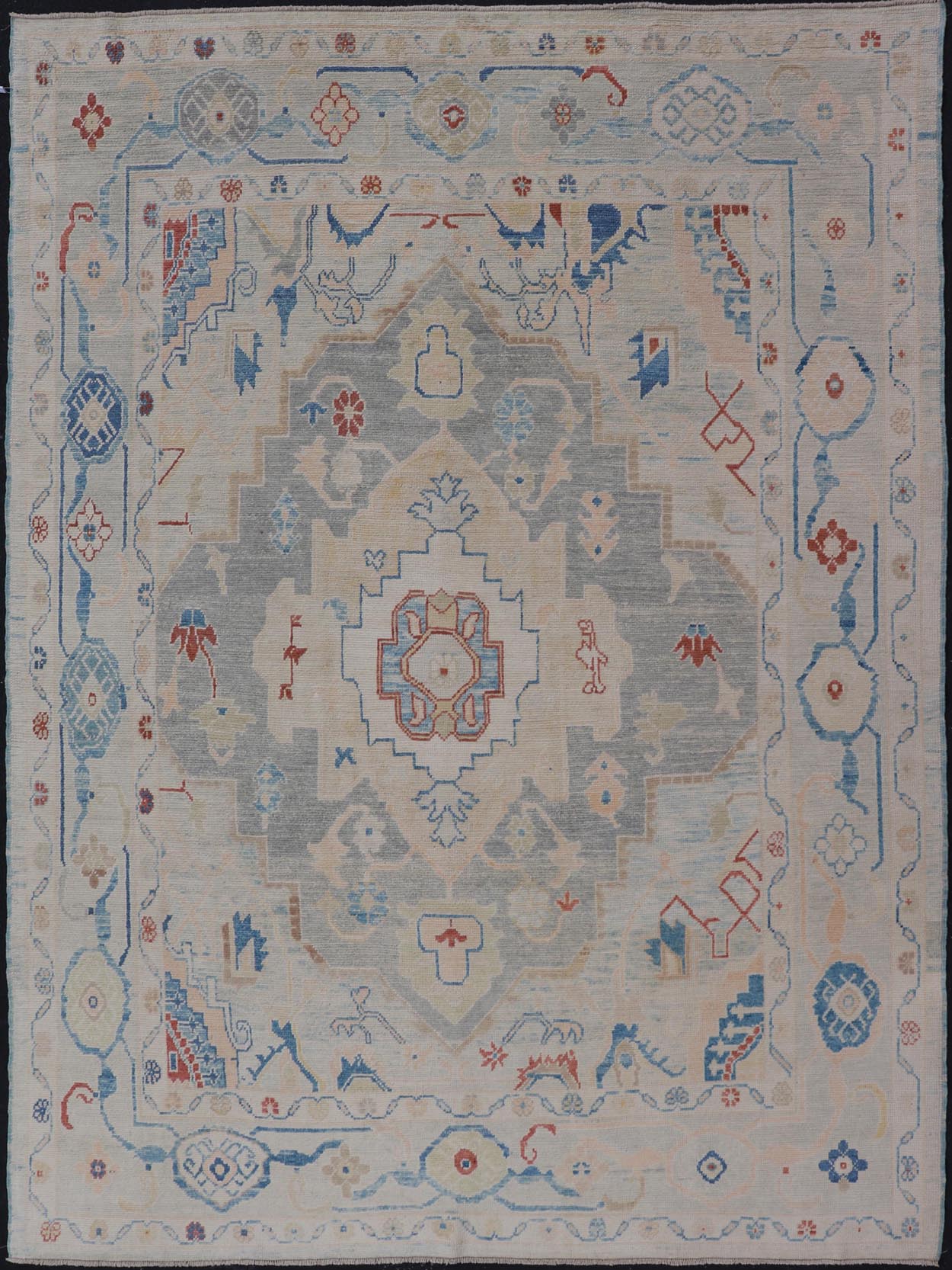 Measures: 8'5 x 11'9 Modern Oushak Turkish Rug with All Over Design in Light Blue, Ivory, & Red. Keivan Woven Arts / rug EN - 15209, country of origin / type: Turkey / Oushak. This Oushak in geometric design rug was woven in Turkey. Set on bea... - Keivan Woven ArtsEN - 15209 - 22434