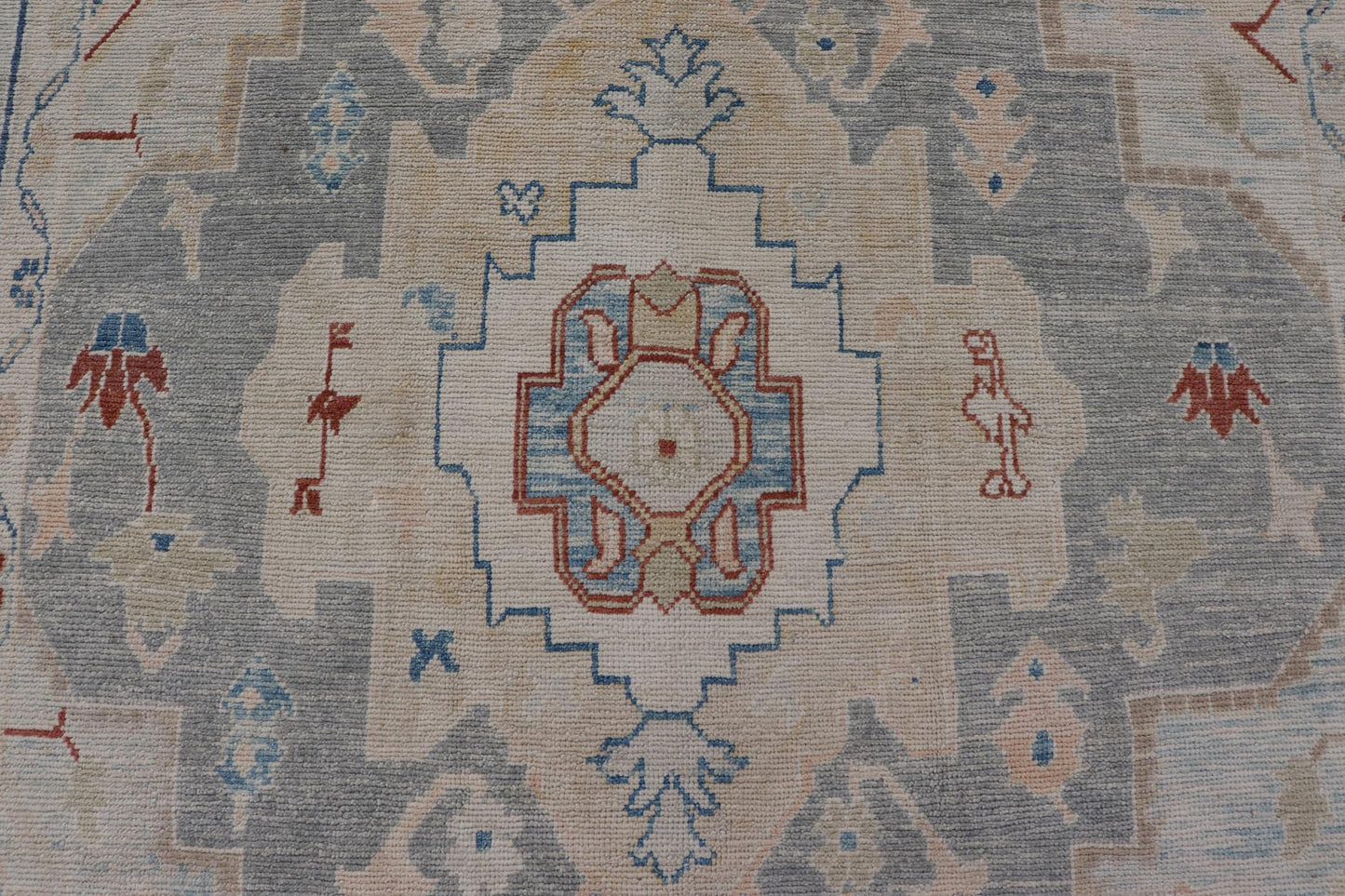 Measures: 8'5 x 11'9 Modern Oushak Turkish Rug with All Over Design in Light Blue, Ivory, & Red. Keivan Woven Arts / rug EN - 15209, country of origin / type: Turkey / Oushak. This Oushak in geometric design rug was woven in Turkey. Set on bea... - Keivan Woven ArtsEN - 15209 - 22434